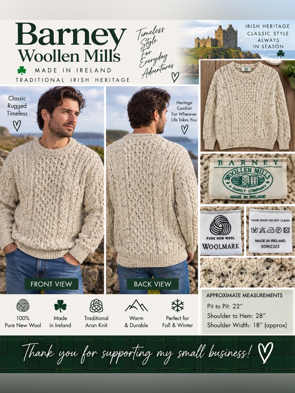 Barney Woollen Mills Irish Fisherman Aran Cable Knit Wool Sweater Medium Ireland